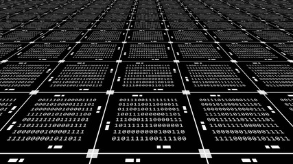 Poster - Abstract graphics technology background in white - blocks of binary code arranged as a square grid on black background - 3D Illustration
