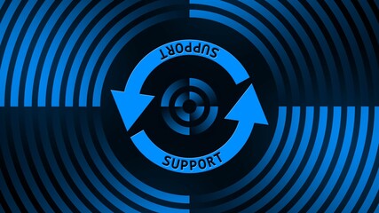 Poster - SUPPORT lettering on update sign in center of circular lines - graphic elements in blue on black background - Software Update Computer Program - 3D Illustration
