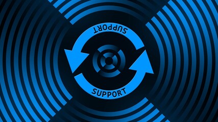 Poster - SUPPORT lettering on update sign in center of circular lines - graphic elements in blue on black background - Software Update Computer Program - 3D Illustration