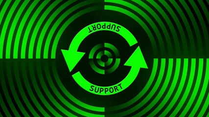 Poster - SUPPORT lettering on update sign in center of circular lines - graphic elements in green on black background - Software Update Computer Program - 3D Illustration