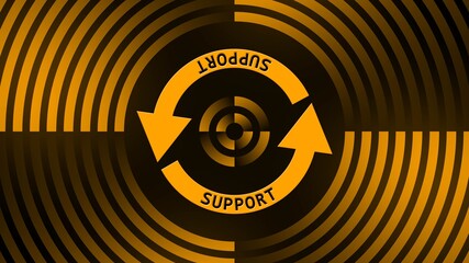 Poster - SUPPORT lettering on update sign in center of circular lines - graphic elements in orange on black background - Software Update Computer Program - 3D Illustration