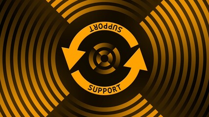 Poster - SUPPORT lettering on update sign in center of circular lines - graphic elements in orange on black background - Software Update Computer Program - 3D Illustration