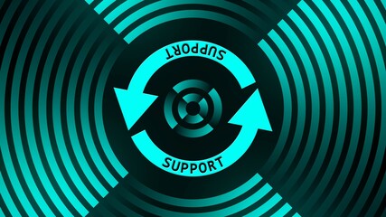 Poster - SUPPORT lettering on update sign in center of circular lines - graphic elements in turquoise on black background - Software Update Computer Program - 3D Illustration