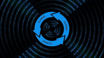 Poster - Abstract movement in 4K of UPDATE lettering on update sign in center of binary code circles - graphic elements in blue on black background - Software Update Computer Program - endless loop