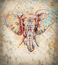 Elephant With Floral Ornament, Pencil Drawing On Paper. Color Effect And Computer Collage.