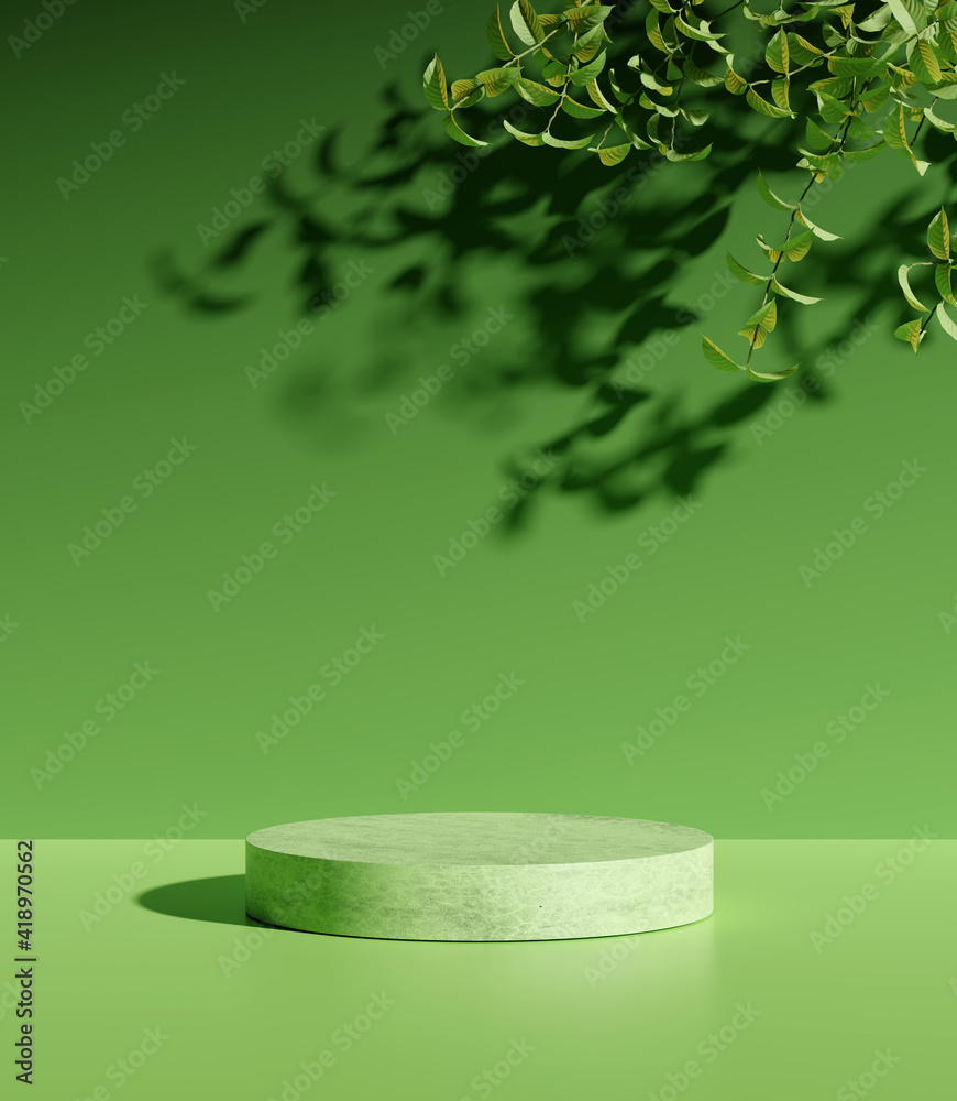 Product display podium with nature leaves on green background. 3D ...