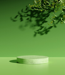Fototapete - Product display podium with nature leaves on green background. 3D rendering
