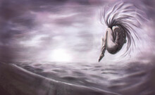 Digital Surreal Illustration Of A Female Figure In Fetal Position Hovering Above Water