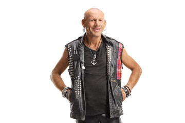 Sticker - Bald punk in leather clothes standing and smiling