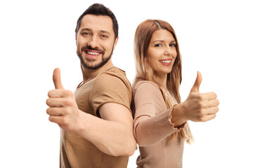 Sticker - Young man and woman standing back to back and showing thumbs up