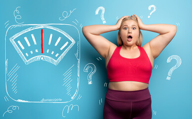 Fat girl is worried because the scale marks a high weight. Cyan background