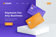 Bank cards on a square white podium. Realistic mockup credit cards for finance, bank or shopping. Discount plastic cards. Template cards for finance
