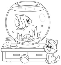 Cute Playful Kitten Watching A Funny Striped Butterfly Fish Swimming In A Home Round Home Aquarium With A Sea Shell And Seaweeds, Black And White Outline Vector Cartoon Illustration