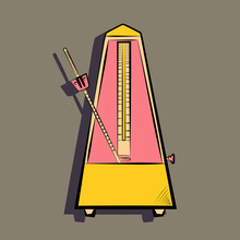 metronome in yellow and pink tones hand drawing outline symbol icon on dark background. Vector