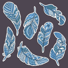 Wall Mural - A set of stickers with abstract blue feathers in zenart style