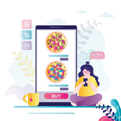 Wall Mural - female character ordering pizza through app. assortment of variety of pizzas on mobile phone screen