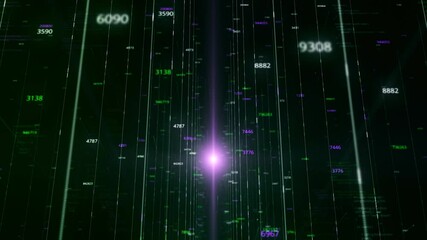 Aufkleber - Virtual space in matrix with flying numbers and light. Animation. Cyberspace with 3D field and numbers on background of light. Movement between virtual fields to light