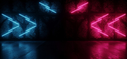 Sci Fi Neon Stage Podium Electric Laser Arrow Pointers Glowing Cyber Purple Blue Red Light On Rough Grunge Wood Stone Concrete Cement Glossy Floor Dark Hangar Tunnel Corridor 3D Rendering