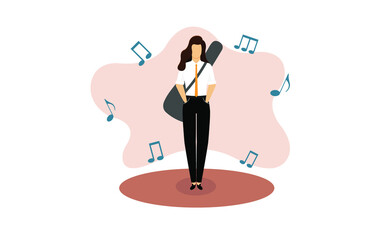 The girl is standing with a guitar. Illustration in flat style