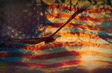 Eagle At Sunset Background With American Flag - 3D Rendering