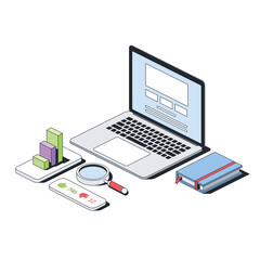 Laptop, magnifier, social networks likes rating, note book. Vector 3d line isometric, color web icons, new flat style. Creative illustration, design idea for infographics.