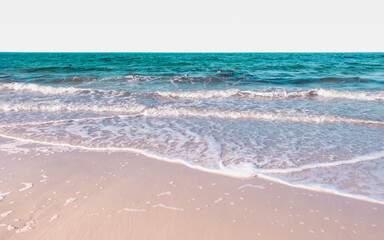 Wall Mural - Seascape with Turquoise-colored Water, Swimming Ducks, and White Wave on Soft Pink Sand Beach