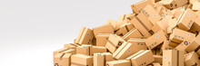Cardboard Boxes On White Background With Empty Copy Space On Left Side, Logistics And Delivery Concept. 3D Rendering