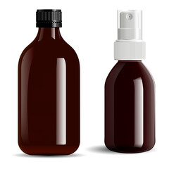 Wall Mural - Brown glass bottle. Amber essential oil vial mockup. Screw cap apothecary spray bottle, pharmaceutical container. Prescription liquid cure jar concept, realistic design blank. E juice packaging