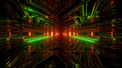 Poster - 3D rendering futuristic sci-fi background with neon lights and reflective tunnel motion patterns