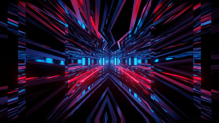 Wall Mural - 3D rendering futuristic sci-fi background with neon lights and reflective tunnel motion patterns