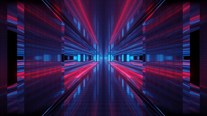 Wall Mural - 3D rendering futuristic sci-fi background with neon lights and reflective tunnel motion patterns