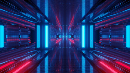 Wall Mural - 3D rendering futuristic sci-fi background with neon lights and reflective tunnel motion patterns