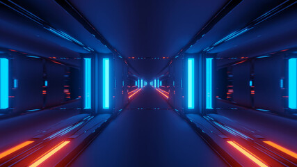 Wall Mural - 3D rendering futuristic sci-fi background with neon lights and reflective tunnel motion patterns