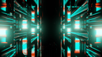 Wall Mural - 3D rendering futuristic sci-fi background with neon lights and reflective tunnel motion patterns