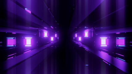 Wall Mural - 3D rendering futuristic sci-fi background with neon lights and reflective tunnel motion patterns