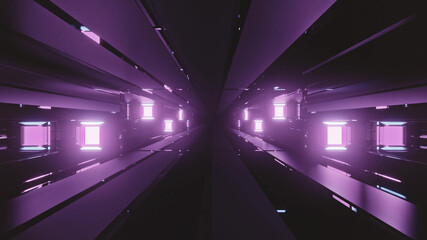 Poster - 3D rendering futuristic sci-fi background with neon lights and reflective tunnel motion patterns