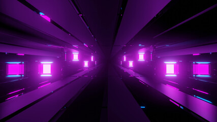 Wall Mural - 3D rendering futuristic sci-fi background with neon lights and reflective tunnel motion patterns