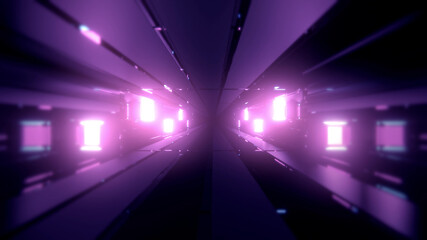 Wall Mural - 3D rendering futuristic sci-fi background with neon lights and reflective tunnel motion patterns