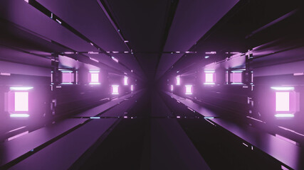 Wall Mural - 3D rendering futuristic sci-fi background with neon lights and reflective tunnel motion patterns