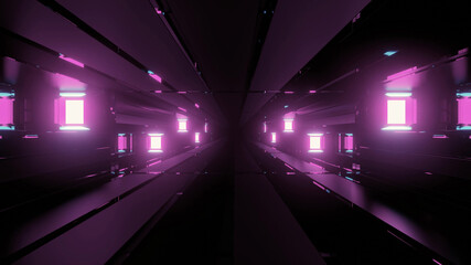 Wall Mural - 3D rendering futuristic sci-fi background with neon lights and reflective tunnel motion patterns