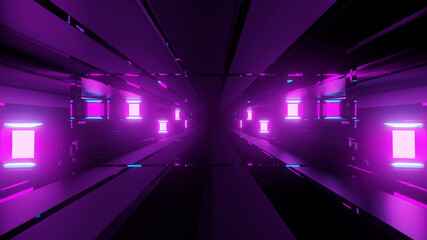 Wall Mural - 3D rendering futuristic sci-fi background with neon lights and reflective tunnel motion patterns