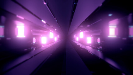 Wall Mural - 3D rendering futuristic sci-fi background with neon lights and reflective tunnel motion patterns