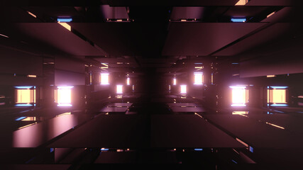 Wall Mural - 3D rendering futuristic sci-fi background with neon lights and reflective tunnel motion patterns