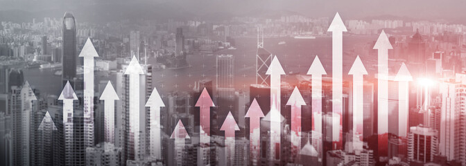 Wall Mural - financial growth arrow chart city view website panoramic header banner. investment, stock trading, e