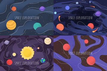 Wall Mural - vector editable illustration. hand drawn cartoon style. minimalist doodle art. solar system, black h