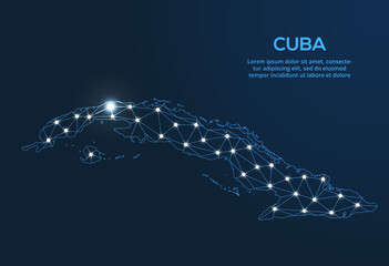 Poster - Cuba communication network map. Vector low poly image of a global map with lights in the form of cities. Map in the form of a constellation, mute and stars