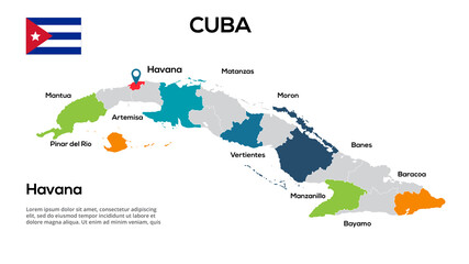 Poster - Cuba map. Image of a global map in the form of regions of Cuba regions. Country flag. Infographic timeline. Easy to edit