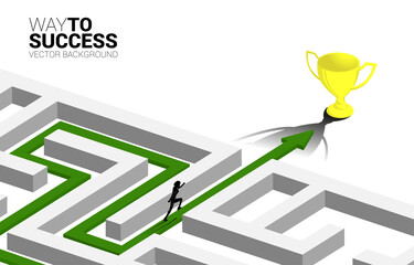 Poster - Silhouette of Businessman run on Arrow with route path to exit the maze to golden trophy. Business concept for problem solving and solution strategy
