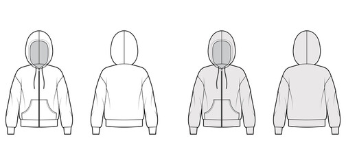 Wall Mural - Zip-up Hoody sweatshirt technical fashion illustration with long sleeves, oversized body, kangaroo pouch, drawstring. Flat apparel template front, back, white, grey color. Women, men unisex CAD mockup