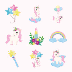 Sticker - four unicorns and magic icons